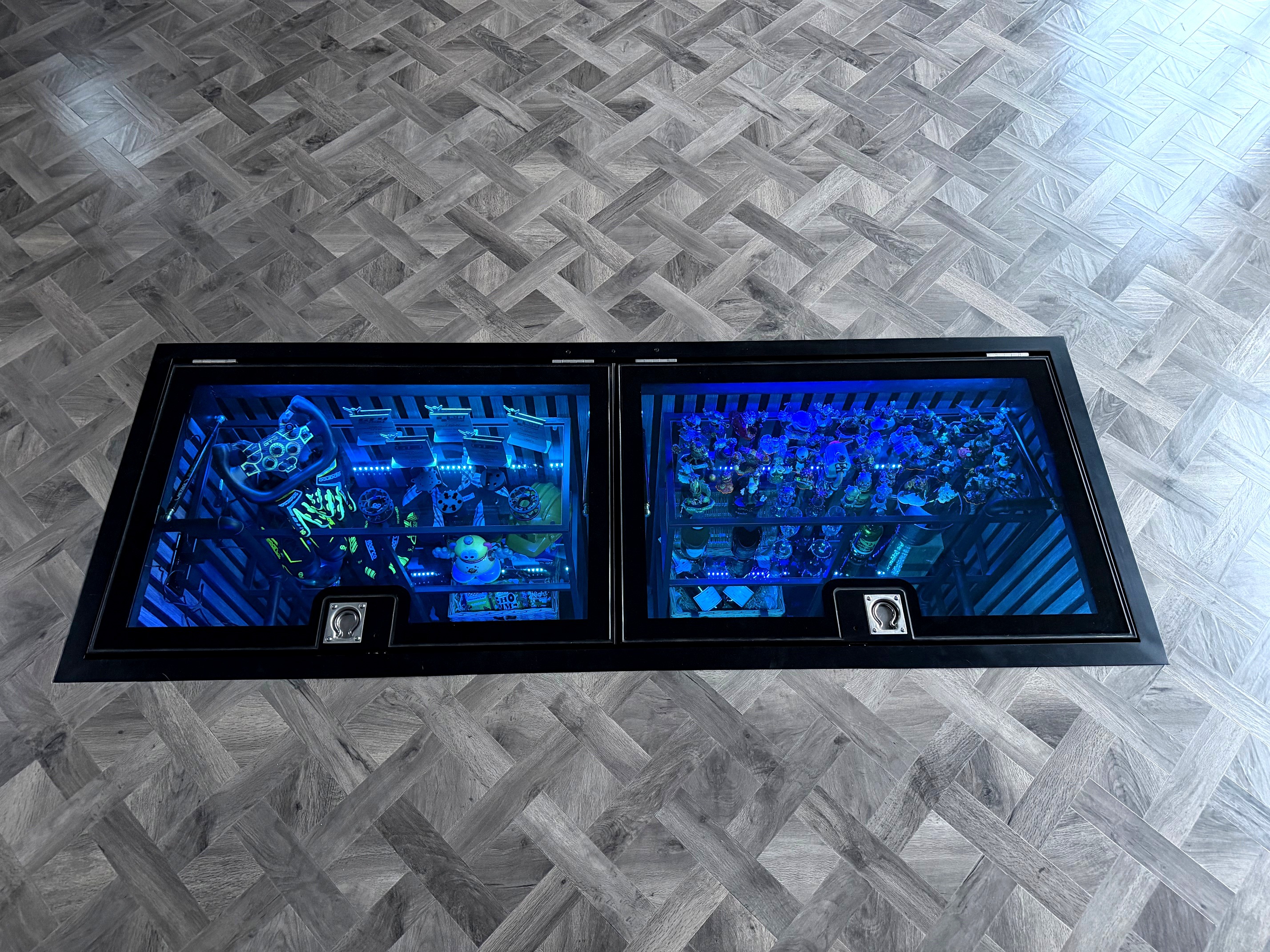 Bespoke double door hinged glass floor hatch over converted garage inspection pit with LED display, Ashbourne Derbyshire